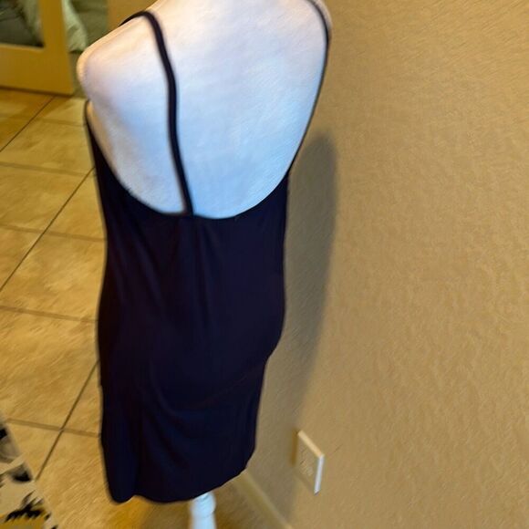 382 Womens M Semi Sheer Peacock Print Mini Slip Dress Blue Purple Flowy Vacation - Picture 4 of 11